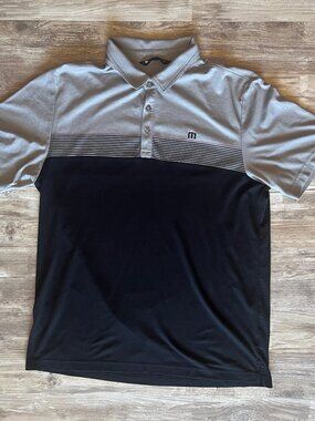 Travis Mathew Polo Shirt Mens XL Grey/Black Short Sleeve Logo Golf Preppy Casual